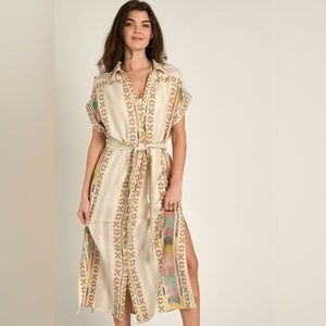 Short Sleeve Embroidered Midi Shirt Dress in Cream Multicolor